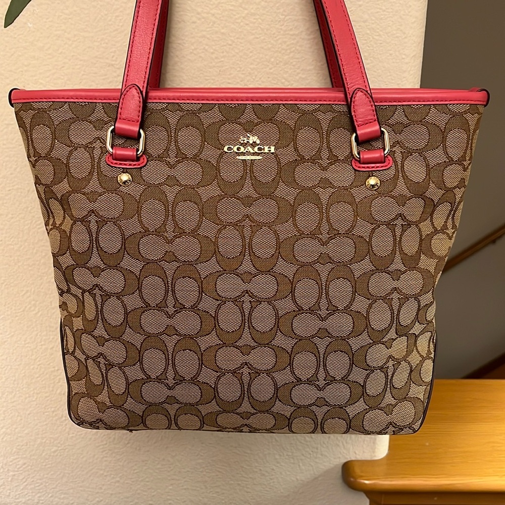Coach Signature Brown Tote with Pink Accents